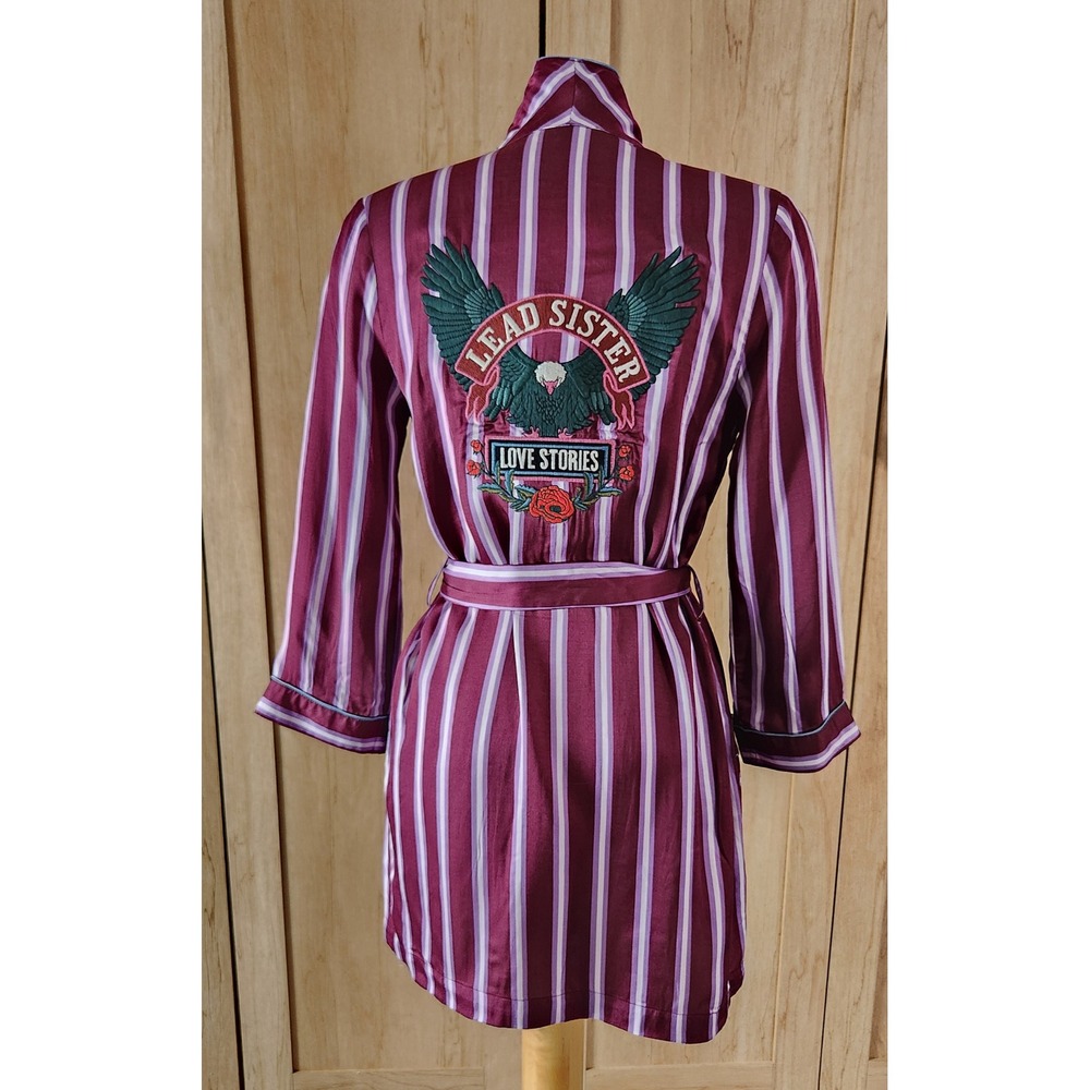 Love Stories Intimates Lead Sister Striped Burgundy Satin Robe XS Eagle Back